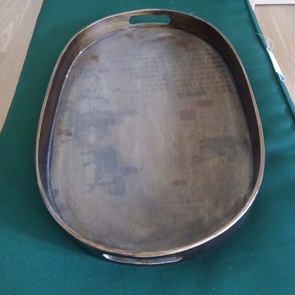 Pier1 Wooden Oval Serving Tray Pretty Paintings Double Handles New